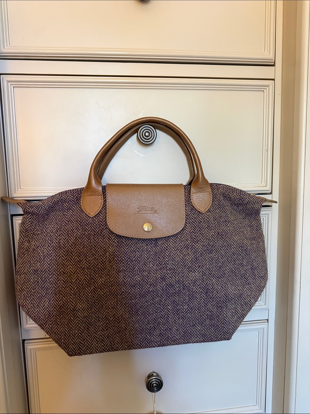 Longchamp Brown Tweed Tote with Tan Leather Trim